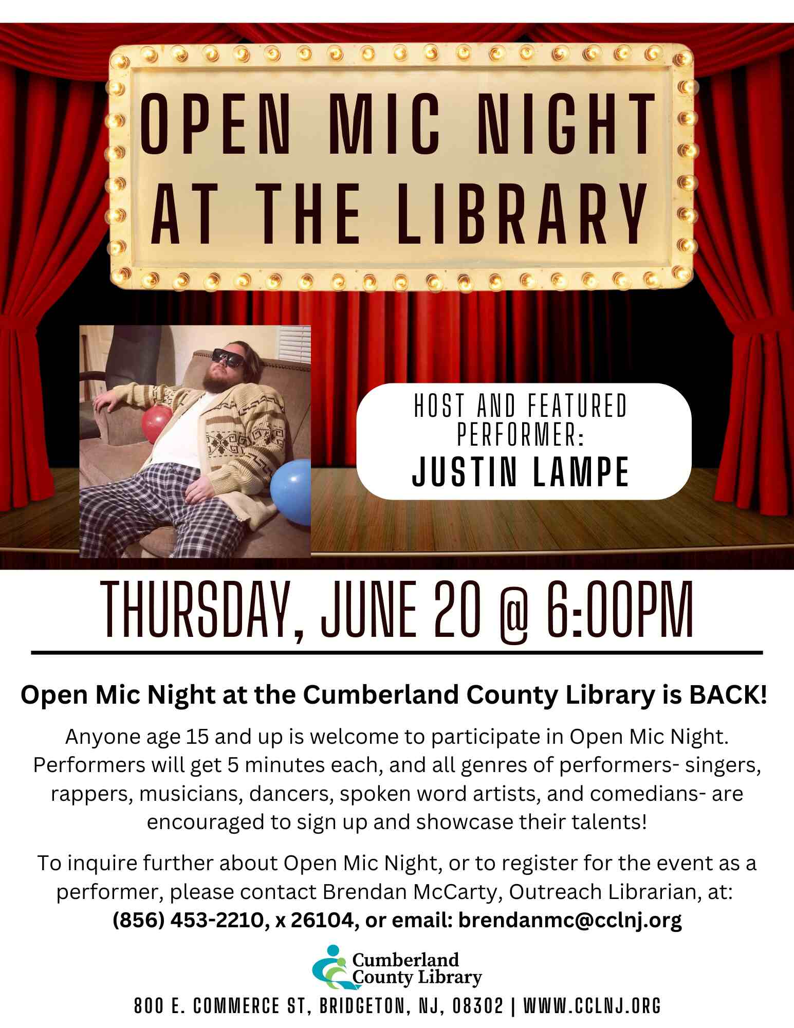 Open Mic Night will be back at the library very soon! On Thursday, June 20, at 6pm, the Cumberland County Library (800 E. Commerce St, Bridgeton, NJ) will be hosting our next Open Mic. 